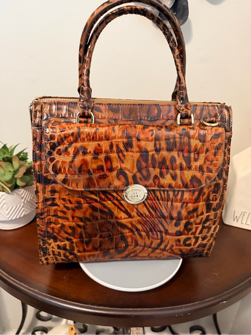 Brahmin cognac Hendrix Leopard Faux Croc Top-Handle Caroline Satchel -